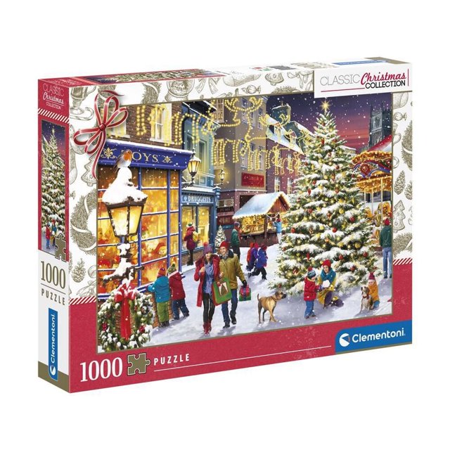 Clementoni 1000 piece Puzzle Christmas Village made in Italy depicting a snowy festive street scene with illuminated shop windows, a large decorated Christmas tree, and families enjoying the holiday, part of the Classic Christmas Collection.