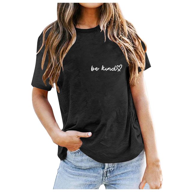 LUOGENLI T-shirts pour Femme pour Femmes Dames Mode Décontractée Couleur Unie Col Rond T-Shirt à Lettres Imprimées Manches Courtes Haut T-shirts pour Femmes T-shirts Graphiques T-shirts Amusants Vêtements d'Été Noir G