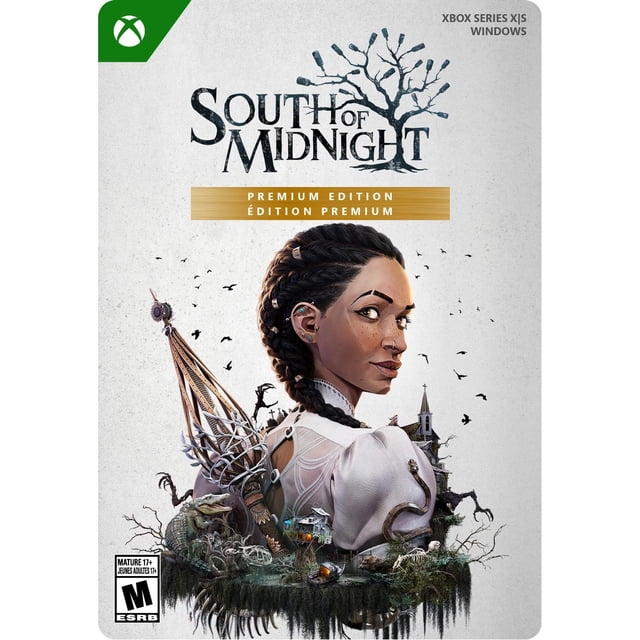 South of Midnight – Édition Premium – Xbox Series X/S et Windows, Couverture de code Numérique Mettant en Vedette un Personnage aux Cheveux Tressés en Vêtement Blanc Tenant un Bâton Orné, Entouré d'Arbres Tordus Sombres, de Restes Squelettiques et d'Une Petite Église, Illustrant le Décor d'Action-aventure Gothique du Sud.