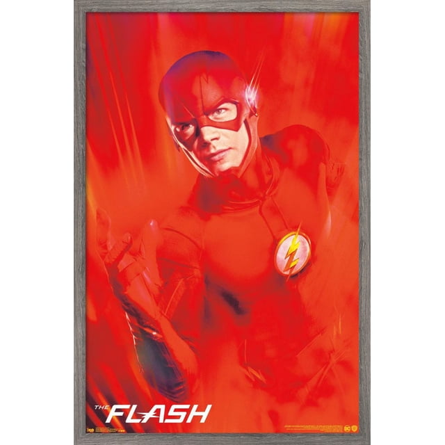 DC Comics TV - The Flash - Key Art Wall Poster, 22.375" x 34", featuring The Flash in his red suit with the yellow lightning bolt emblem on the chest, shown in a centered, front-facing pose with motion blur and light streaks on a vibrant red background, framed in gray wood, ideal for home or office wall décor.