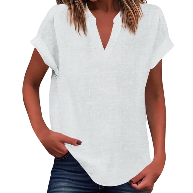 WEIYLL Womens T Shirts Summer Loose Fit V Neck Curved Hem Flowy Solid White Tops Sizes XXXXXL