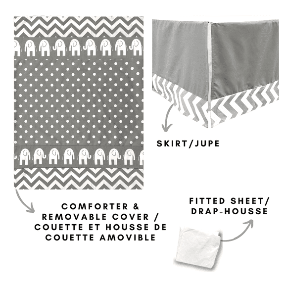 Ensemble de Literie pour Bébé 4 Pcs Gris et Blanc Elephant à Pois et Motif Zigzag/Chevron (Incluant Jupe, Housse de Matelas, Couette et Housse de Couette, #23 par Ara Enfants)
