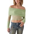 thumbnail image 1 of Fortune Women Off Shoulder Sweater Mesh Knit Cropped Pullover Solid Color Long Sleeve Slim Fit Crop Top, 1 of 7