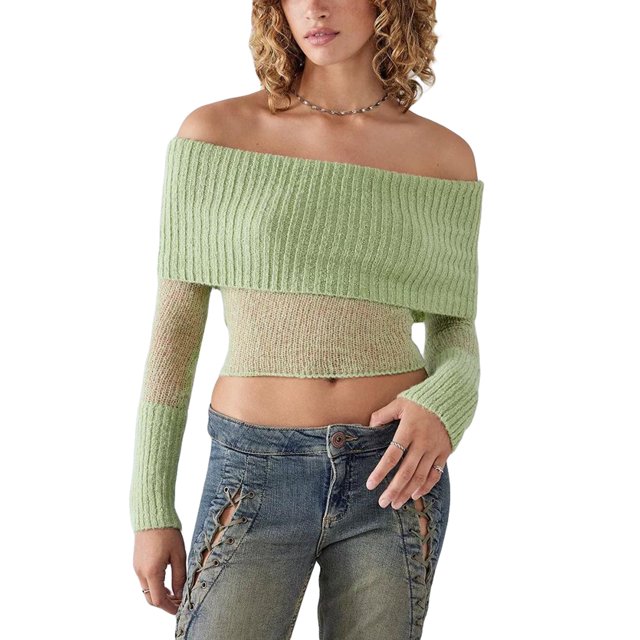 Fortune Women Off Shoulder Sweater Mesh Knit Cropped Pullover Solid Color Long Sleeve Slim Fit Crop Top