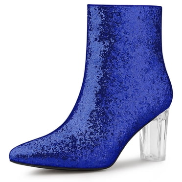 Unique Bargains Women's Clear Block Heel Glitter Ankle Booties
