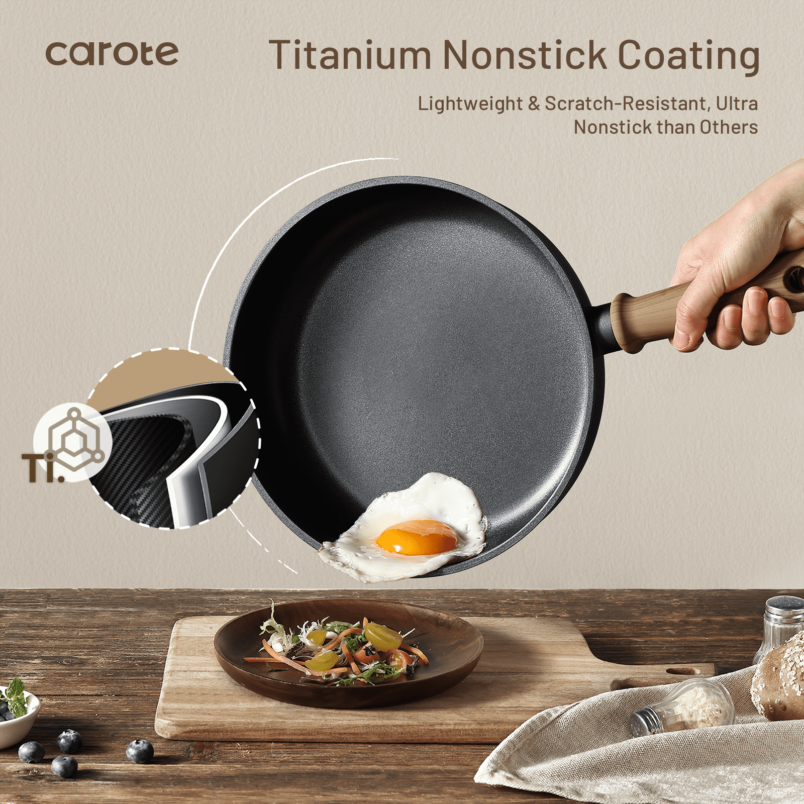 Poêle sauteuse antiadhésive en titane Carote avec couvercle, 28 cm (11") – Grande capacité 5L, compatible tous feux, y compris induction, passe au lave-vaisselle – Noir