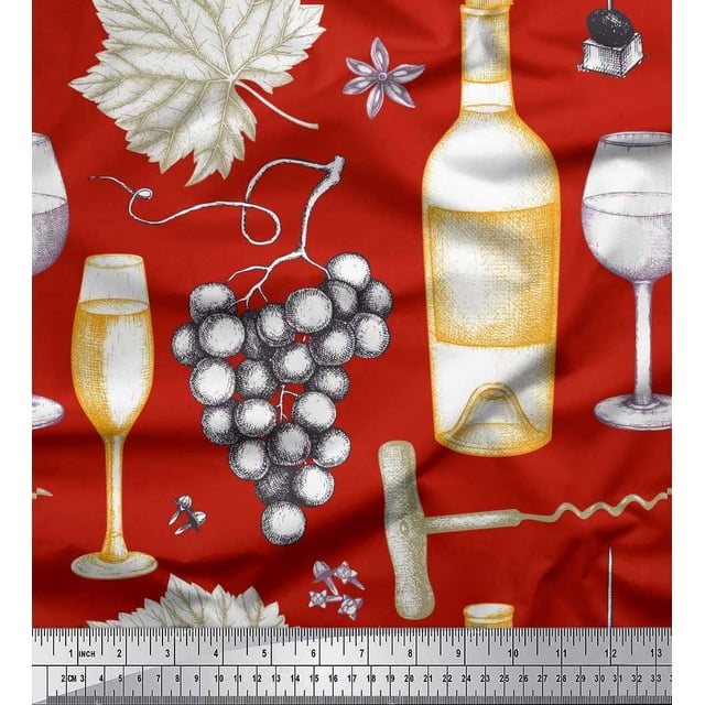 Soimoi Poly Georgette Fabric Grapes,Wine Glass & Bottle Printed Craft Fabric by the Yard 52 Inch Wide