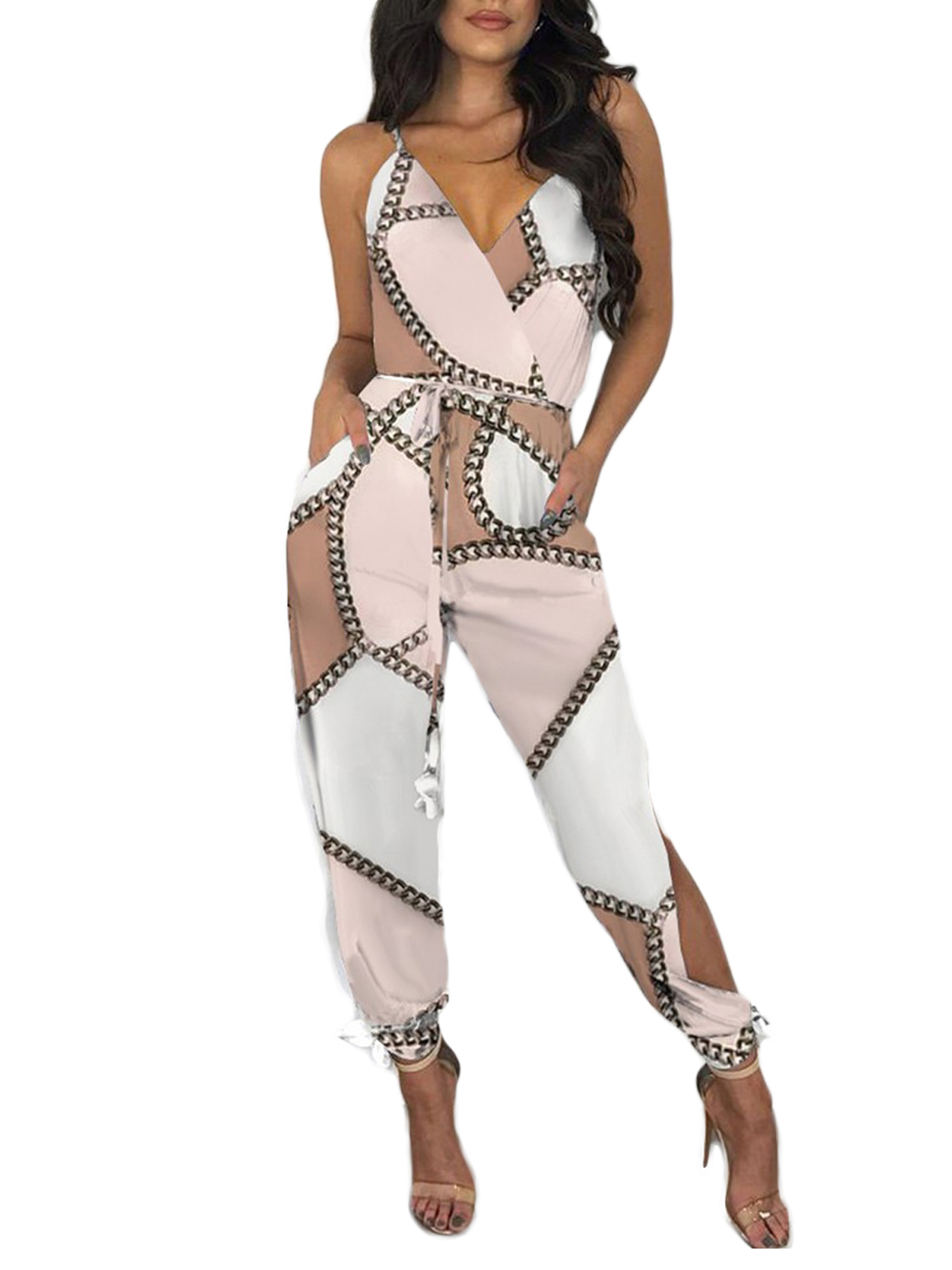 Kmbangi Women Sexy Jumpsuit+Printed Pattern Deep V-neck Sleeveless Overalls