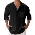 thumbnail image 1 of Mens Spring Summer Loose Mens Short Sleeve Shirt Stand Collar Solid Color Button Down Bodysuit Pocket Long Sleeve Pullover with Button Shirt, 1 of 5