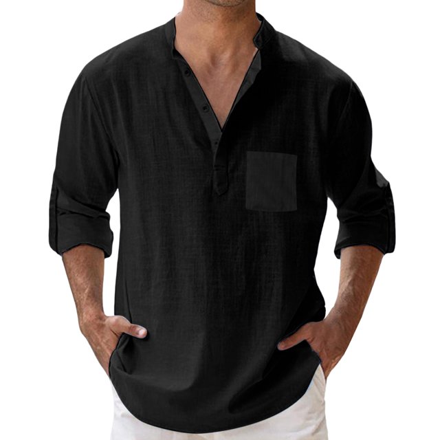 Mens Spring Summer Loose Mens Short Sleeve Shirt Stand Collar Solid Color Button Down Bodysuit Pocket Long Sleeve Pullover with Button Shirt