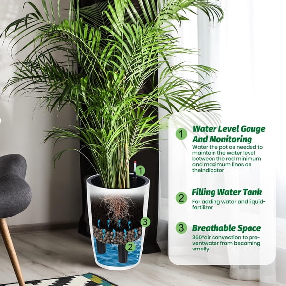 Self Watering Tall Planters Set of 4 – 16" Large Pots with Built-in Drainage & Water Level Gauge – Indoor/Outdoor Garden, Patio, Home Décor – Modern Flower Pots – White