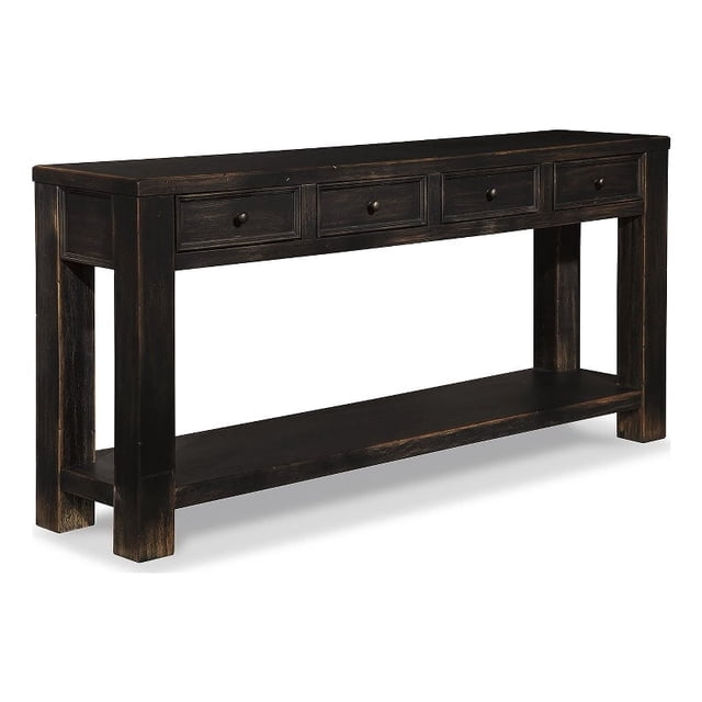 Signature Design by Ashley Gavelston Table Console en Noir avec Fini Vieilli et style Vintage Décontracté®. Fabriquée avec un Placage Sélectionné et des Matières Solides, Cette Table Console Comprend Quatre Tiroirs Encadrés avec une Petite Quincaillerie en bronze Foncé et une Tablette Inférieure pour un Rangement Supplémentaire. Idéale pour les Salons, Elle Offre une Finition Noir Vieilli et un Design Rustique Mais Fonctionnel.