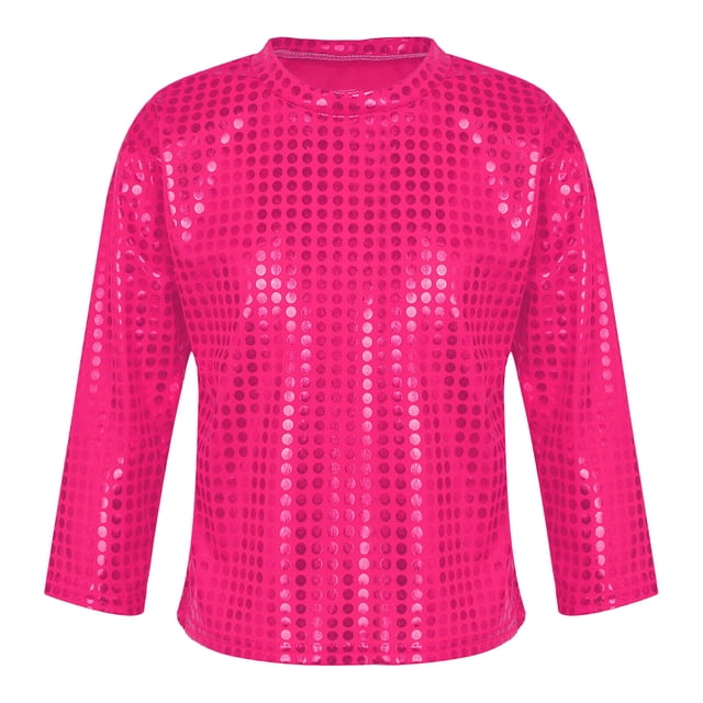 MIASHUI T-Shirt à Paillettes pour Garçons et Filles, Col Rond, Manches Longues, pour Carnaval, Rose Vif, 4-5 Ans