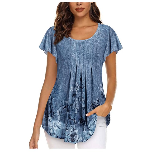 drppepioner Mode Femme Manches Courtes Col Rond Rétro Imprimé Hauts Amples Blouse