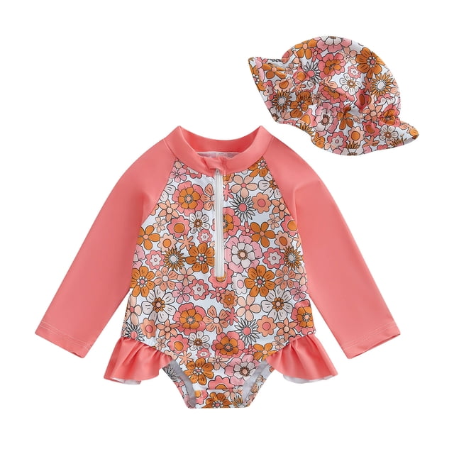 Infant Baby Girl Swimsuit Long Sleeve Rash Guard One Piece Swimwear with Hat Ruffle Bathing Suit with Zipper