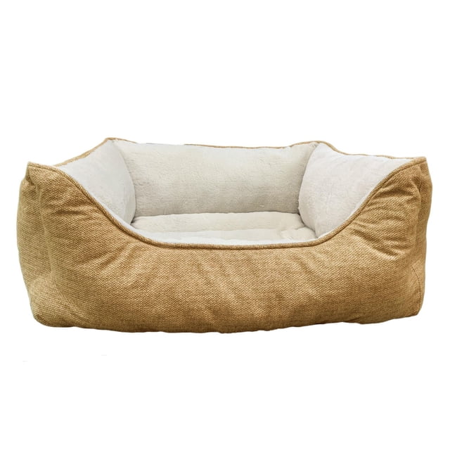 Vibrant Life Lit pour Chien Câlin Moyen avec Traversin Extérieur en Velours Imprimé Beige et Coussin Intérieur en Peluche PV Crème et Traversins, Rempli de Fibre de poly pour Maintenir la Forme, Conçu pour les Chiens Moyens, Convient Aussi comme Lieu de Repos Douillet pour les Petits Animaux de Compagnie.
