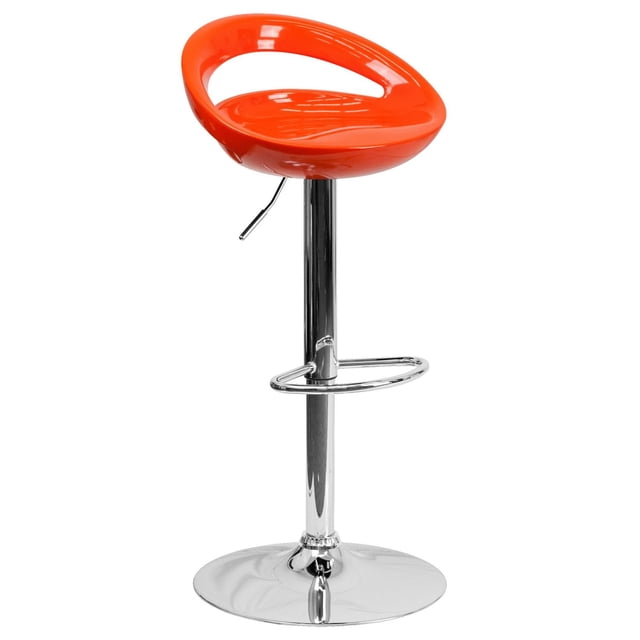 Contemporary Orange Plastic Adjustable Height Barstool with Rounded Cutout Back and Chrome Base