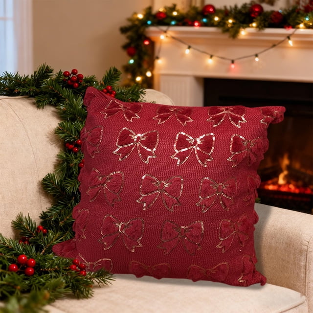 Polyester Pillowcase Red Bow Sequined Pillow Cover Quilted Plush Polyester Cushion Cover for Sofa Chair Seat Decor(1Pcs) Rkxzt