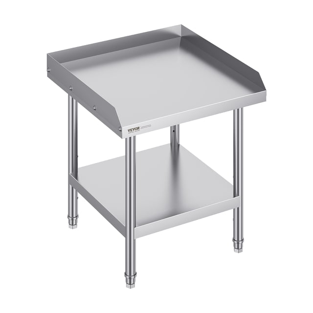 VEVOR Table de Travail en Acier Inoxydable, Mesurant 24 x 24 Pouces, Conçue pour la Préparation des Aliments Commerciaux et l'Utilisation en restaurant. Fabriquée en Acier Inoxydable SUS201 durable, Elle Présente une surface Lisse et Résistante à la Rouille, un Dosseret de 2 Pouces pour Prévenir les Déversements, et une Tablette Inférieure Ajustable pour un Rangement flexible. la Table Est Certifiée NSF, Assurant la Conformité aux Normes de Santé Publique, et Convient aux Cuisines, garages, Ateliers et Autres Environnements Professionnels