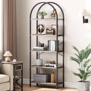 5 Tier Bookshelf, Arched Metal Frame Bookcase with Wood Shelf, Tall Standing Storage Rack