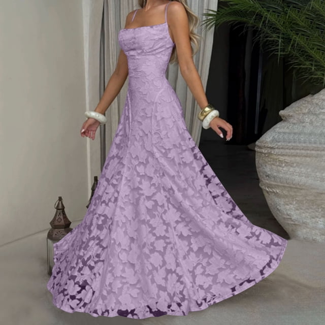 Xdegoge Robe Maxi Formelle pour Femmes Sans Manches à Encolure Carrée à Bretelles Spaghetti en Dentelle Florale Robes Élégantes Coupe Ajustée Soirée Fête Longues Robes Fluides Légères Été Vacances Invitée de Mariage Robes