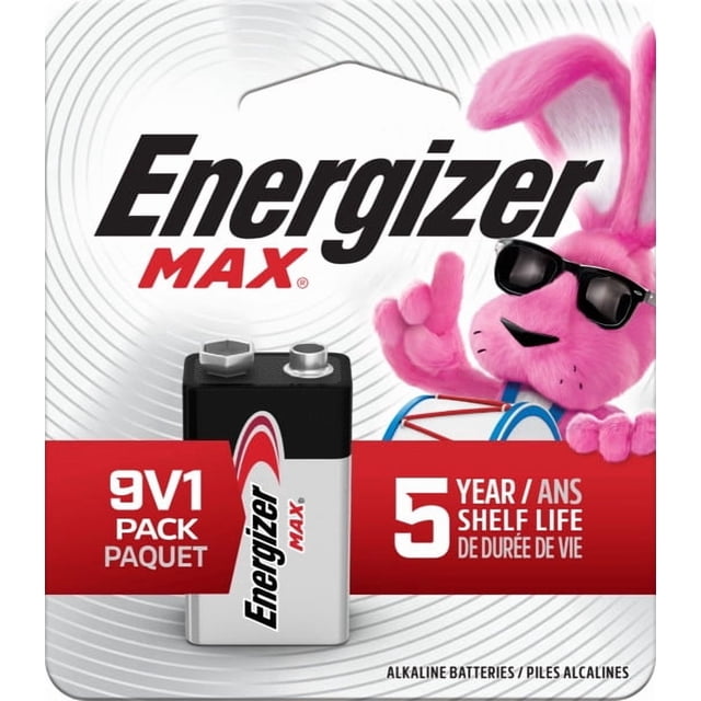 Energizer Piles MAX 9V 1 Paquet avec une Pile Alcaline 9 Volts Simple dans un Boîtier Noir et Argent sur l'Emballage Mettant en Vedette le logo Energizer et un Lapin Energizer Rose Portant des Lunettes de Soleil, Mettant en Valeur une Durée de Conservation de 5 Ans et une Alimentation Fiable et Durable pour les Appareils du Quotidien.