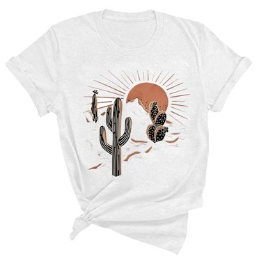 Fgnfyis T-Shirt Décontracté pour Femmes, Mode, Imprimé Cactus, Col Rond, Manches Courtes, Haut, Hauts pour Femmes, Blanc, TTG
