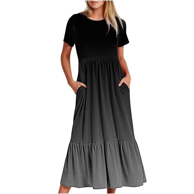 Penkiiy Robe à Manches Courtes pour Femmes à Imprimé Dégradé, Ample, Unie, Décontractée, d'Été, Fluide, à Étages, Longue Maxi avec Poches 2TG Gris