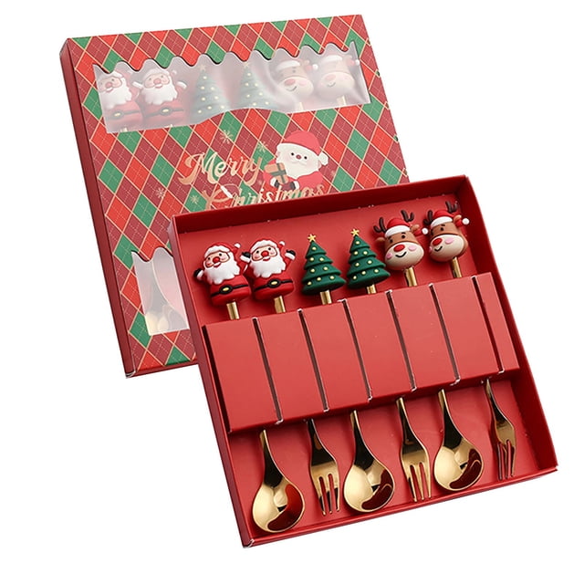 Oleegame 1PC Stainless Steel Cutlery Set Christmas Tableware Set Stainless Steel Spoon Gift Set Dessert Spoon Fork Coffee Spoon Christmas Pendant Spoon Tableware Set Gift