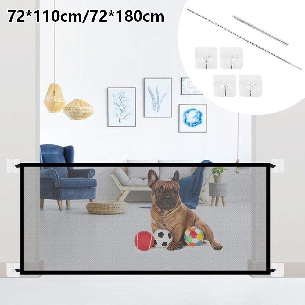 Dogs Barrier with 4pcs Hooks and 2pcs Telescopic Rod  Net Gate Tear-resistant Mesh Fence Portable Pet Safety Guard Enclosure Divider for Doorway Stairs