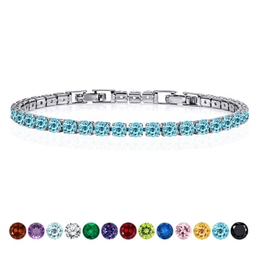 JeenMata 5.5 Carat Round Cut December - Blue Topaz - Birthstone Tennis Bracelet Eternity Design - White Gold Plating, Female, Adult