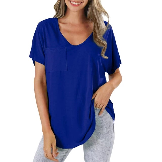 Yubnlvae T-Shirt Décontracté à Poche à Manches Courtes pour Femmes, T-Shirt Décontracté à la Mode pour Femmes Uni avec Poche, Liquidation! Uni, Col Rond, Bleu, m