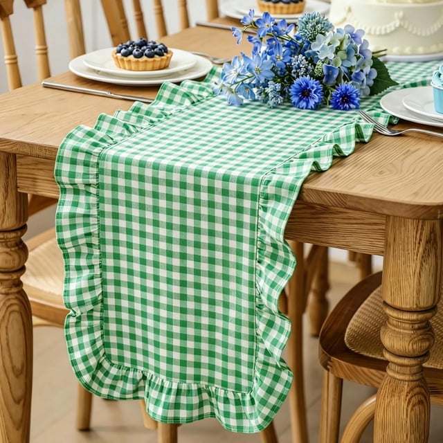 Leaf Edge Ruffled Table Runner for Coffee Dining Tv Cabinet Home Decor, Green, JKODE