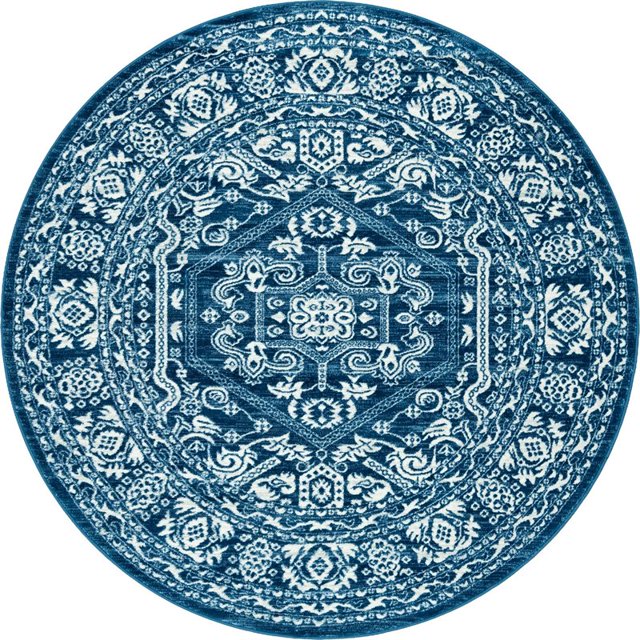 Unique Loom Boston Tapis de Zone Géométrique Bohème 7' 10 x 7' 10 Rond Bleu/ivoire
