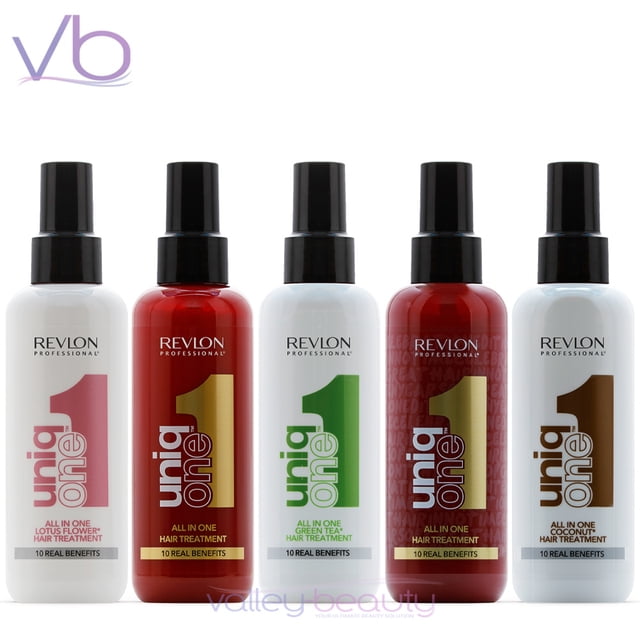 Revlon Professional UniqOne Coconut, Green Tea, Celebration, Lotus Flower, and Original Hair Treatment set, featuring five 150ml leave-in sprays. Each bottle is designed with a sleek black spray nozzle and vibrant labels showcasing the fragrance variant. These multi-benefit treatments offer hydration, frizz control, heat protection, and detangling for all hair types. The set is displayed in a front-facing arrangement on a white background.
