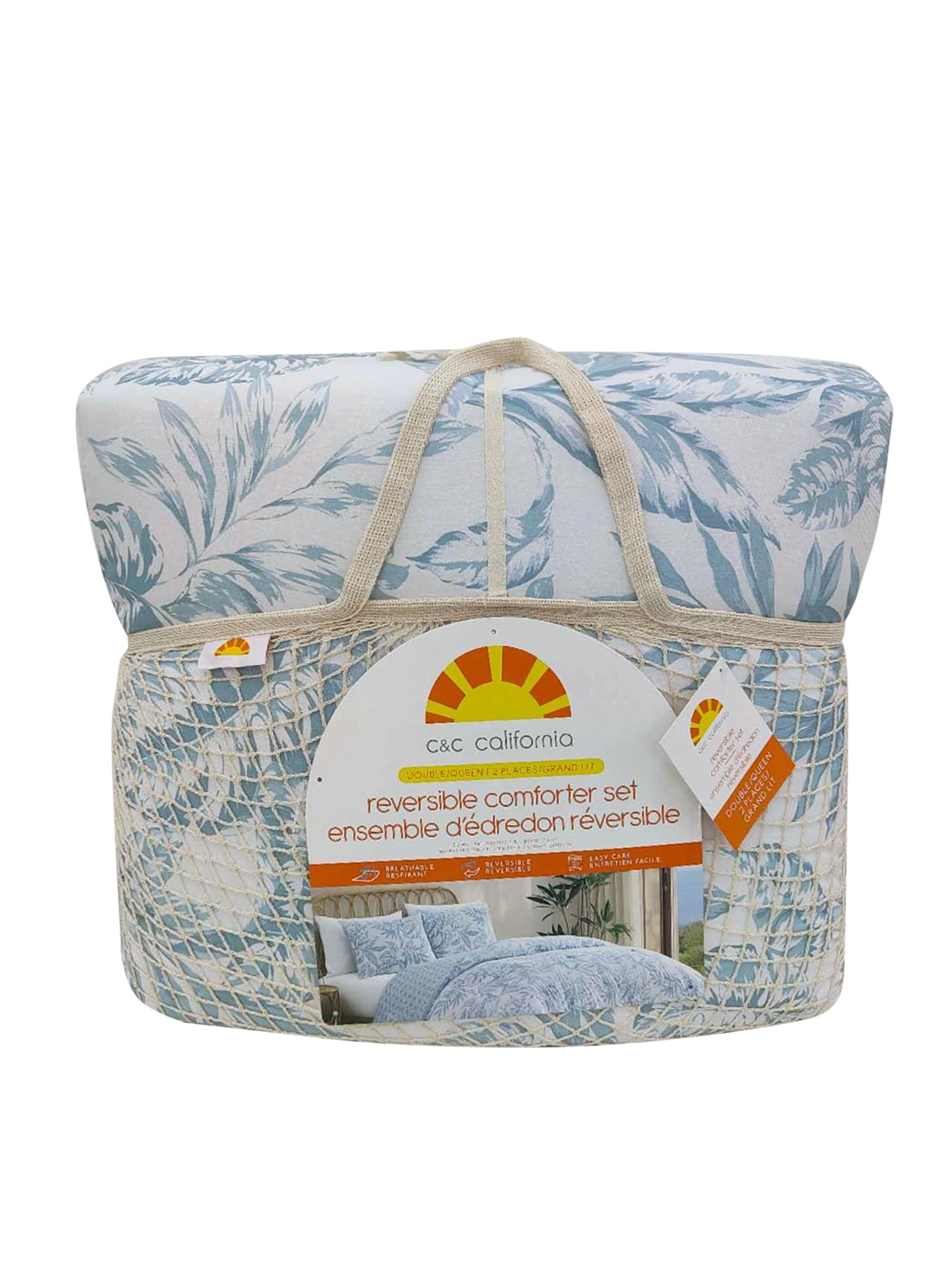 C&C California, Ensemble d’édredon réversible imprimée à motif feuilles, 100 % coton, respirant, confort toutes saisons, 3 pièces, Très Grand Lit, bleu