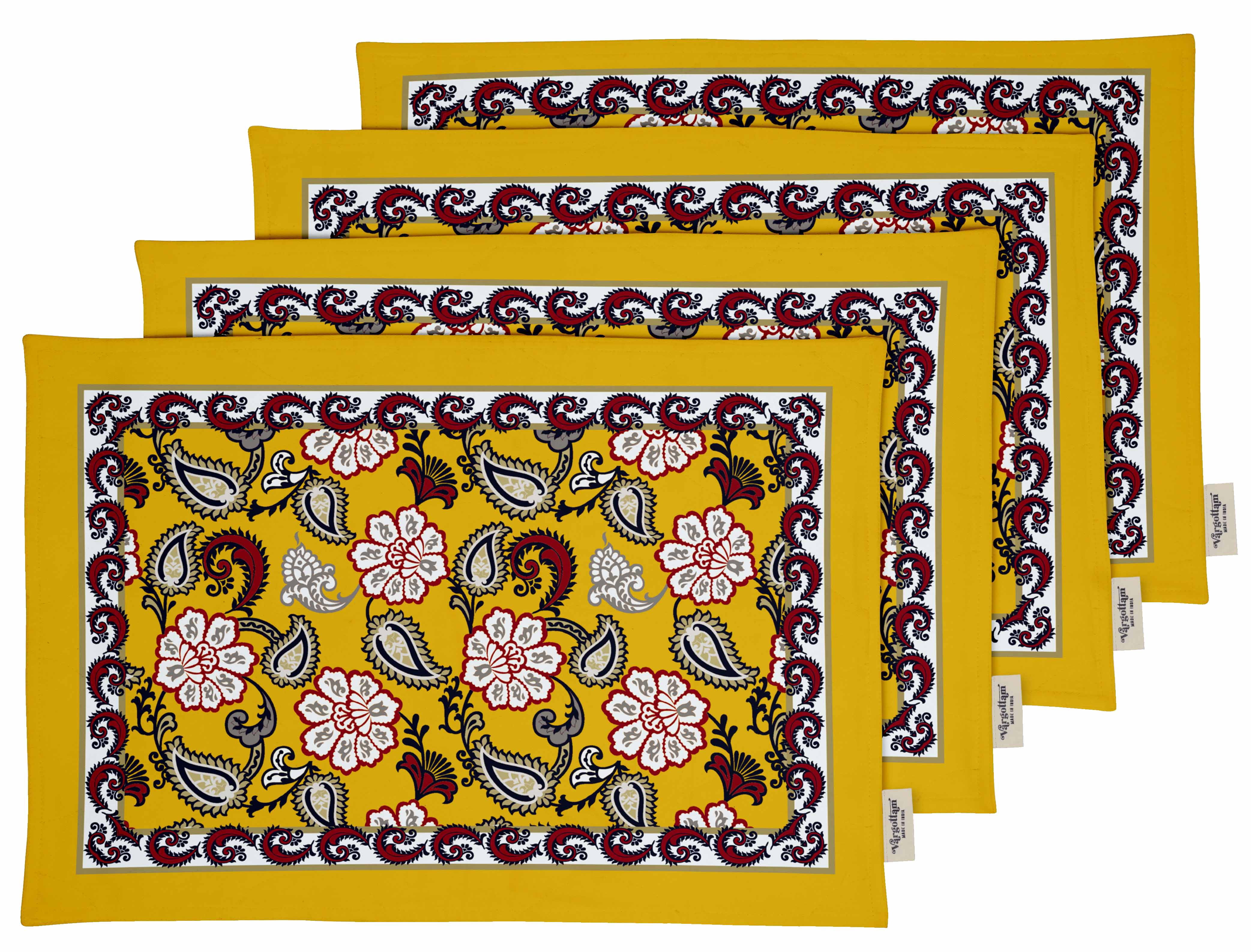 Vargottam Placemats- Placemat For Dining Table, Set Of 4- Printed & Reversible CottonNapkin-IndoorPlacematsFor Home & Kitchen Dining Table- Asian Block (Mustard Yellow)