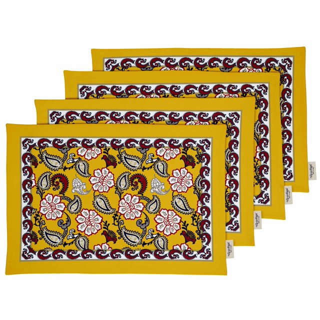 Vargottam Placemats- Placemat For Dining Table, Set Of 4- Printed & Reversible CottonNapkin-IndoorPlacematsFor Home & Kitchen Dining Table- Asian Block (Mustard Yellow)
