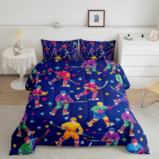 Erosebridal Cartoon Ice Hockey Bedding Twin Comforter Set, Colorful StarsDown Comforter, Blue, Reversible 2-Piece