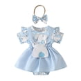 thumbnail image 1 of MIASHUI Robe Barboteuse pour Bébé Fille à Manches Courtes, Justaucorps à Volants, Ourlet de Jupe, Tenue, Bleu, 9-12 Mois, 1 of 6