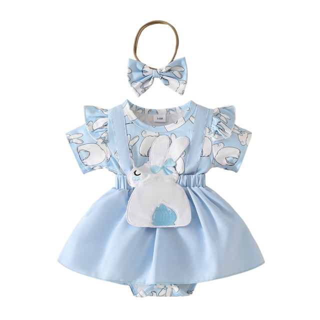 MIASHUI Robe Barboteuse pour Bébé Fille à Manches Courtes, Justaucorps à Volants, Ourlet de Jupe, Tenue, Bleu, 9-12 Mois