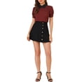 thumbnail image 2 of INSPIRE CHIC Blouse Plissée à Manches Courtes Bouffantes pour Femme à Col Peter Pan Contrastant Bourgogne 3TG, 2 of 7