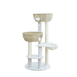 Home4Cat 48" Cat Tree with Two Handwoven Basket Bed, Hammock, Sisal Scratching Posts, Beige & Cream