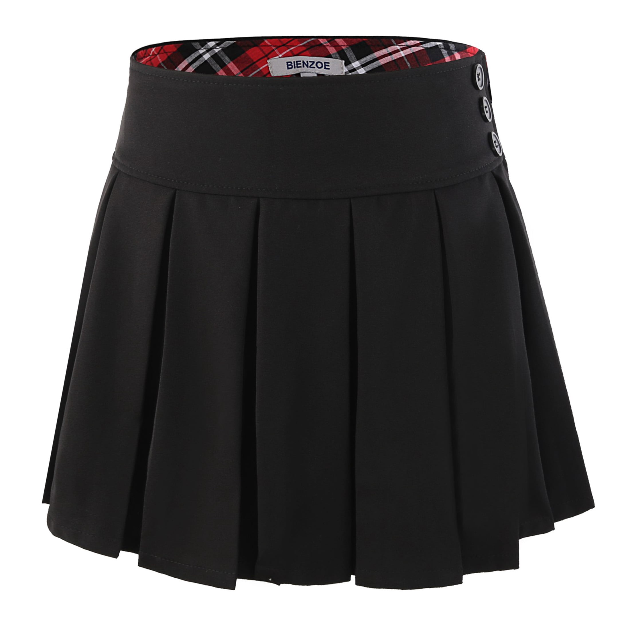 Bienzoe Jupe d'Uniforme Scolaire pour Fille, Extensible, Plissée, Taille Ajustable, Noire, 16