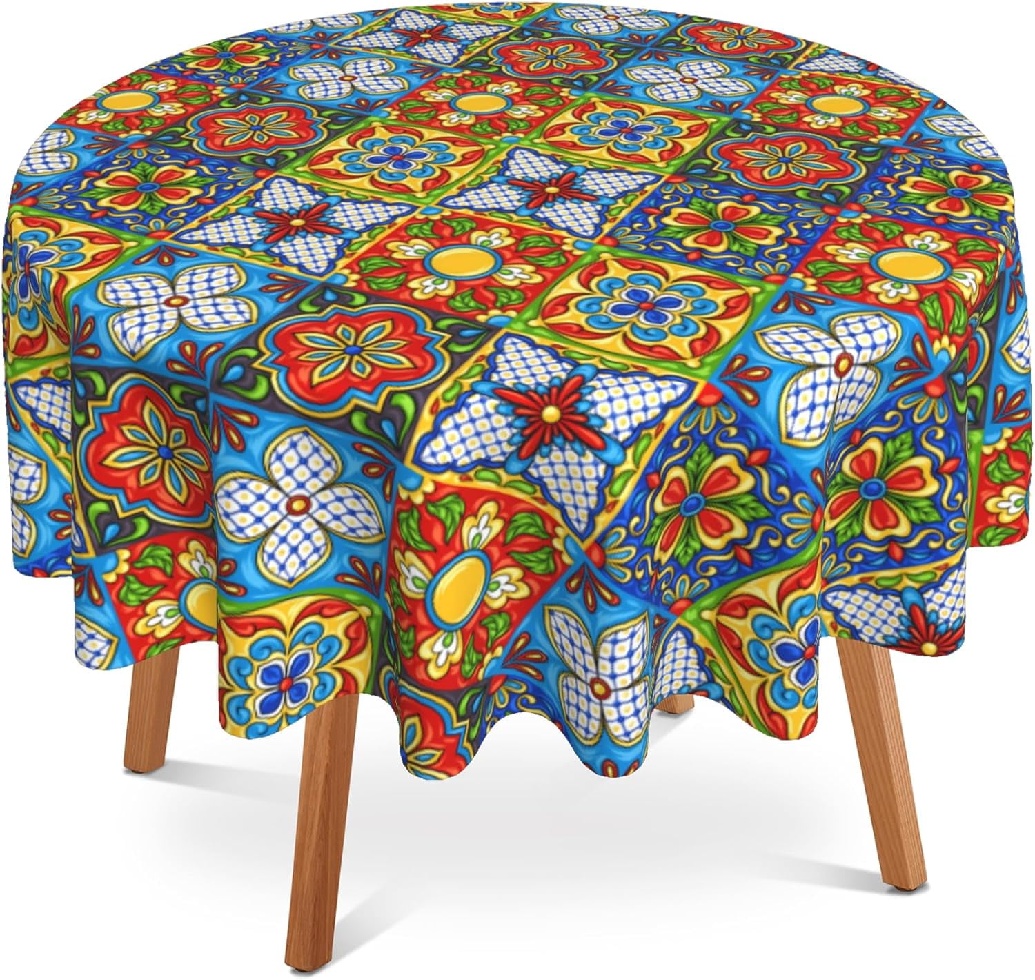 Ethnic 60 Inch Round Tablecloth,Mexican Talavera Ceramic Table Cloth Waterproof Stain and Wrinkle Resistant Circle Table Cover for Kitchen Dining Picnic Camping Indoor Outdoor Decor