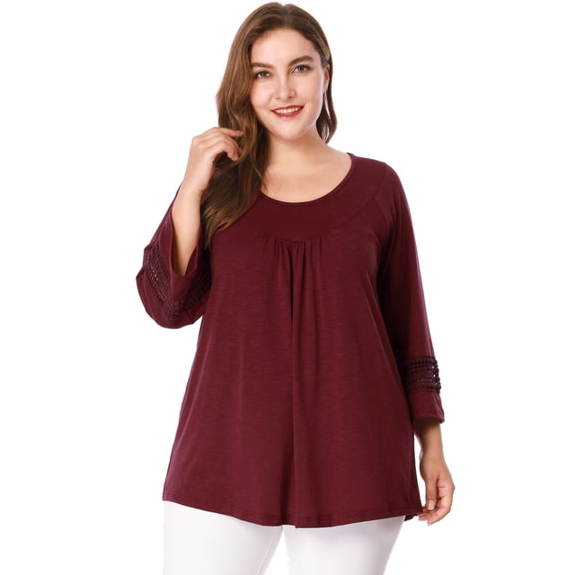 GRACE & GRANDEUR Hauts Décontractés Unis à Manches Raglan pour Femmes Grande Taille Bourgogne 2X