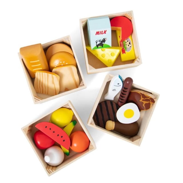 Melissa & Doug Groupes d'Aliments - 21 Pcs en Bois et 4 Caisses avec Quatre Caisses en Bois Contenant des Aliments de Jeu en Bois Massif Colorés Représentant les Cinq Groupes d'Aliments Tels Que le Lait, le Fromage, la Melon D\'eau, les Oeufs, le Poisson, le Pain et Divers fruits et Légumes, Convenant aux Jeux Éducatifs de Rôle et aux Activités d'Apprentissage Précoce.
