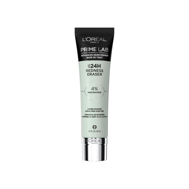 L'Oréal Paris Prime Lab 24H Primer Redness Eraser in a 30 ml tube with black cap and pale green body, formulated with 4% niacinamide to cover redness and even skin tone for up to 24 hours, ideal as a skin-transforming makeup base.