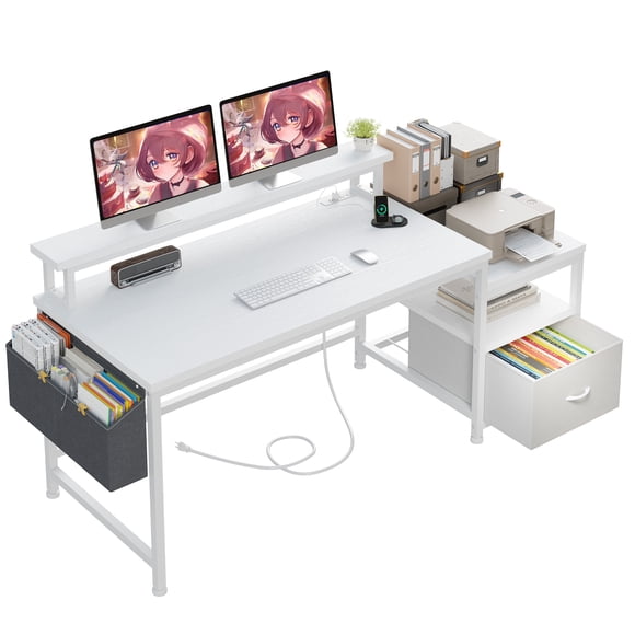 Exenoray 56.5" Computer Desk with Fabric File Drawers Cabinet, Reversible Home Office Desks with Power Outlets for Home Office, White