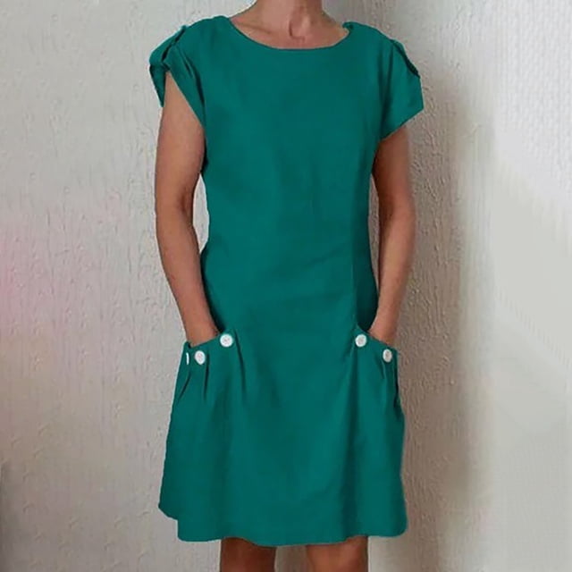 LOVZFMLL Women's New Solid Button Double Pocket Contrast Round Neck Dress Green M